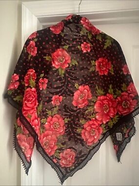 Black Floral Lace Scarf with Red Rose Print